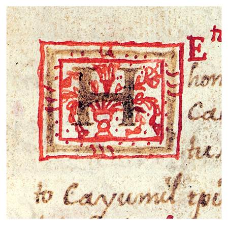 Capitulares tipo 7, ejemplo extra�do de la p�gina 163 del Chilam Balam de Kaua (imagen de Eduardo Salvador Rodr�guez, a partir de imagen cortes�a de Princeton University Library. Princeton Mesoamerican Manuscripts, n�m. 6 (C0744); Manuscripts Division, Special Collections, Princeton University Library).