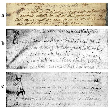 Capitulares tipo 8 (zoomorfas): a) Capitular T del folio 8r del Chilam Balam de Tekax (imagen de Eduardo Salvador Rodr�guez, a partir de Su�rez Castro); SECRETAR�A DE CULTURA.- INAH.- El Chilam Balam de Tekax. An�lisis etnohist�rico.- MEX; &ldquo;Reproducci�n autorizada por el Instituto Nacional de Antropolog�a e Historia&rdquo;; b) Capitular h de la p�gina 174 del Chilam Balam de Kaua (imagen de Eduardo Salvador Rodr�guez, a partir de Bolles y Bolles); c) Capitular h de la p�gina 178 del Chilam Balam de Kaua (imagen de Eduardo Salvador Rodr�guez, a partir de Bolles y Bolles).