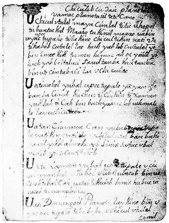 P�gina 133 del Chilam Balam de Kaua, con capitulares U construyendo paranomasia visual (imagen de Eduardo Salvador Rodr�guez, a partir de Bolles y Bolles).