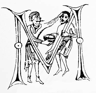 Capitular decorada M de las Etimolog�as de Isidoro de Sevilla (imagen de Eduardo Salvador Rodr�guez, a partir de Borst, Alltagsleben im Mittelater, 485).