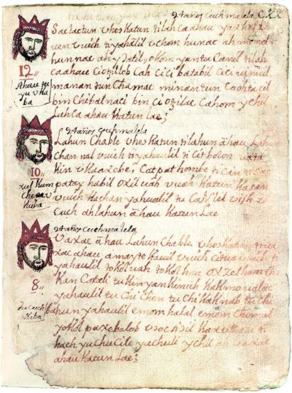 P�gina 167 del Chilam Balam de Kaua, con cabezas coronadas que funcionan como logogramaAJAW (cortes�a de Princeton University Library. Princeton Mesoamerican Manuscripts, n�m. 6 (C0744); Manuscripts Division, Special Collections, Princeton University Library).