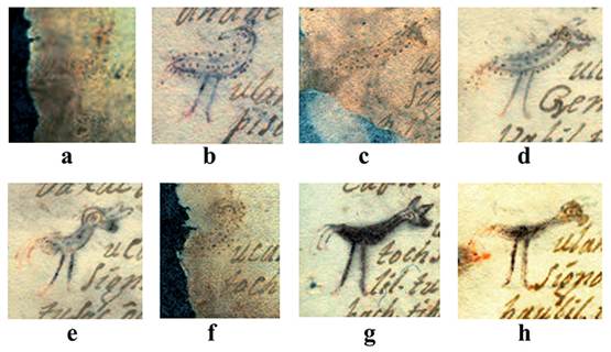 Capitulares T del Chilam Balam de Tekax: a) Folio 6v; b) Folio 7r, l�nea 6; c) Folio 7r, l�nea 29; d) Folio 8r, l�nea 7; e) Folio 8r, l�nea 25; f) Folio 8v; g) Folio 9r; h) Folio 10r (imagen de Eduardo Salvador Rodr�guez, a partir de Su�rez Castro). SECRETAR�A DE CULTURA.- INAH.- El Chilam Balam de Tekax. An�lisis etnohist�rico.- MEX; &ldquo;Reproducci�n autorizada por el Instituto Nacional de Antropolog�a e Historia&rdquo;.