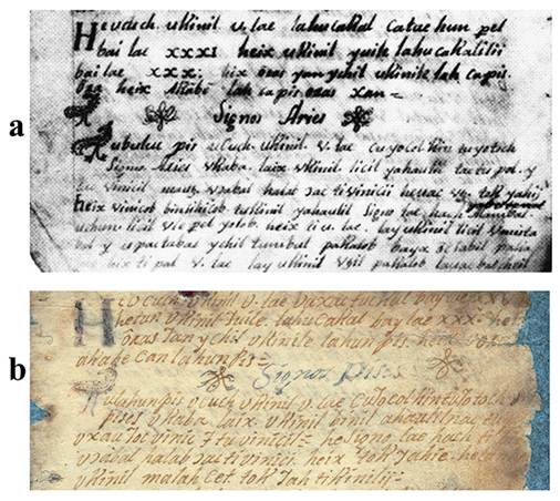 Comparaci�n entre: a) La p�gina 16 del Chilam Balam de Na (imagen de Eduardo Salvador Rodr�guez, a partir de Gubler y Bolles, 260) y b) El folio 7r del Chilam Balam de Tekax (imagen de Eduardo Salvador Rodr�guez, a partir de Su�rez Castro). SECRETAR�A DE CULTURA.- INAH.- El Chilam Balam de Tekax. An�lisis etnohist�rico.- MEX; &ldquo;Reproducci�n autorizada por el Instituto Nacional de Antropolog�a e Historia&rdquo;.