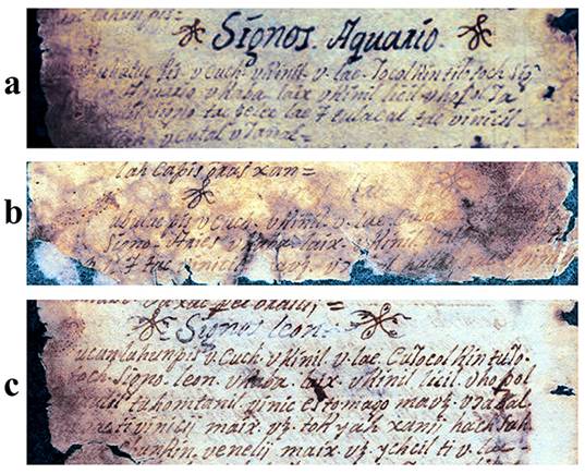 Im�genes de capitulares T poco visibles, pero identificables en el Chilam Balam de Tekax: a) Folio 6v; b) Folio 7r; c) Folio 8v (im�genes de Eduardo Salvador Rodr�guez, a partir de Su�rez Castro). SECRETAR�A DE CULTURA.- INAH.- El Chilam Balam de Tekax. An�lisis etnohist�rico.- MEX; &ldquo;Reproducci�n autorizada por el Instituto Nacional de Antropolog�a e Historia&rdquo;.