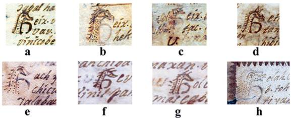 Capitulares h en forma de ave en el Chilam Balam de Tekax: a) Folio 10r, l�nea 10; b) Folio 10r, l�nea 19; c) Folio 10r, l�nea 21; d) Folio 10r, l�nea 26; e) Folio 11r; f) Folio 12r; g) Folio 12v (im�genes de Eduardo Salvador Rodr�guez, a partir de Su�rez Castro). SECRETAR�A DE CULTURA.- INAH.- El Chilam Balam de Tekax. An�lisis etnohist�rico.- MEX; &ldquo;Reproducci�n autorizada por el Instituto Nacional de Antropolog�a e Historia&rdquo;.