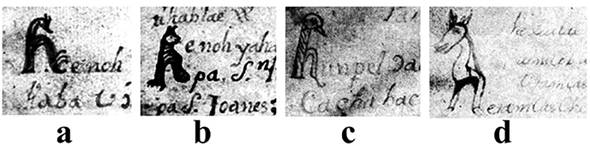Capitulares h zoomorfas del Chilam Balam de Kaua: a) P�gina 158; b) P�gina 159; c) P�gina 174; d) P�gina 178 (im�genes de Eduardo Salvador Rodr�guez, a partir de Bolles y Bolles).