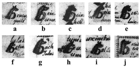Capitulares h zoomorfas del Chilam Balam de Na: a) P�gina 20; b) P�gina 21, l�nea 21; c) P�gina 21, l�nea 29; d) P�gina 21, l�nea 31; e) P�gina 22, l�nea 4; f) P�gina 22, l�nea 30; g) P�gina 23; h) P�gina 25, l�nea 24; i) P�gina 25, l�nea 27; j) P�gina 26 (im�genes de Eduardo Salvador, a partir de Gubler y Bolles, 264-270).