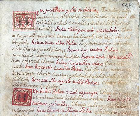 Fragmento de la p�gina 163 del Chilam Balam de Kaua en la que se ve el uso del color rojo (cortes�a de Princeton University Library. Princeton Mesoamerican Manuscripts, n�m. 6 (C0744); Manuscripts Division, Special Collections, Princeton University Library).