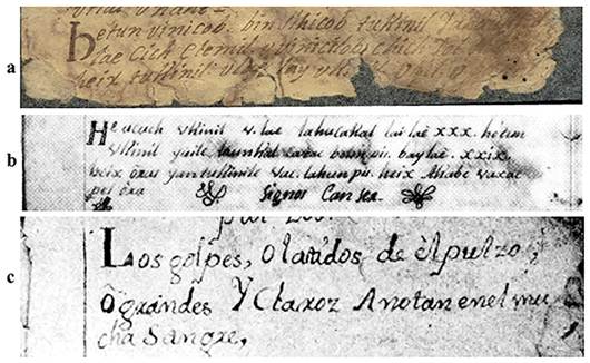 Capitulares tipo 1: a) P�gina 8r del Chilam Balam de Tekax (imagen de Eduardo Salvador Rodr�guez, a partir de Su�rez Castro). SECRETAR�A DE CULTURA.- INAH.- El Chilam Balam de Tekax. An�lisis etnohist�rico.- MEX; &ldquo;Reproducci�n autorizada por el Instituto Nacional de Antropolog�a e Historia&rdquo;; b) P�gina 18 del Chilam Balam de Na (imagen de Eduardo Salvador, a partir de Gubler y Bolles, 262); c) P�gina 7 del Chilam Balam de Kaua (imagen de Eduardo Salvador Rodr�guez, a partir de Bolles y Bolles).