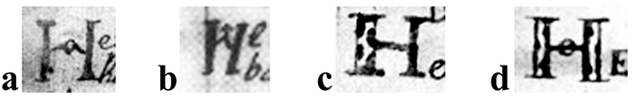 Capitulares tipo 3: a) P�gina 22 del Chilam Balam de Kaua (imagen de Eduardo Salvador Rodr�guez, a partir de Bolles y Bolles, 24); b) P�gina 15 del Chilam Balam de Na (imagen de Eduardo Salvador, a partir de Gubler y Bolles, 258); c) P�gina 97 del Chilam Balam de Kaua (imagen de Eduardo Salvador Rodr�guez, a partir de Bolles y Bolles); d) P�gina 102 del Chilam Balam de Kaua (imagen de Eduardo Salvador Rodr�guez, a partir de Bolles y Bolles).