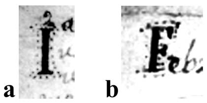 Capitulares tipo 4, ejemplos extra�dos de la p�gina 28 del Chilam Balam de Kaua (imagen de Eduardo Salvador Rodr�guez, a partir de Bolles y Bolles).