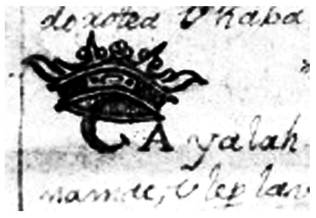 Capitulares tipo 6, ejemplo extra�do de la p�gina 111 del Chilam Balam de Kaua (imagen de Eduardo Salvador Rodr�guez, a partir de Bolles y Bolles).
