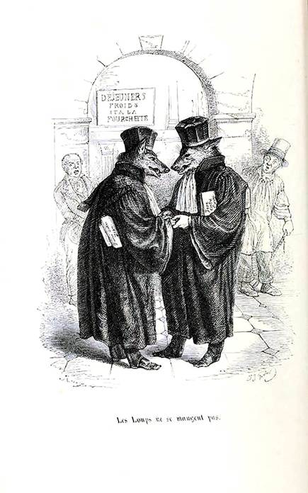 Grandville, “Les Loups ne se mangent pas”, en Cent proverbes (H. Fournier Éditeur, 1845). Tomada de https://archive.org/details/centproverbespar00gran/page/n211/mode/1up.