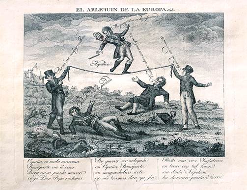 “El arlequín de la Europa”, ca. 1813. Col. Rafael Barajas. Estampa antinapoleónica española, grabado en metal.