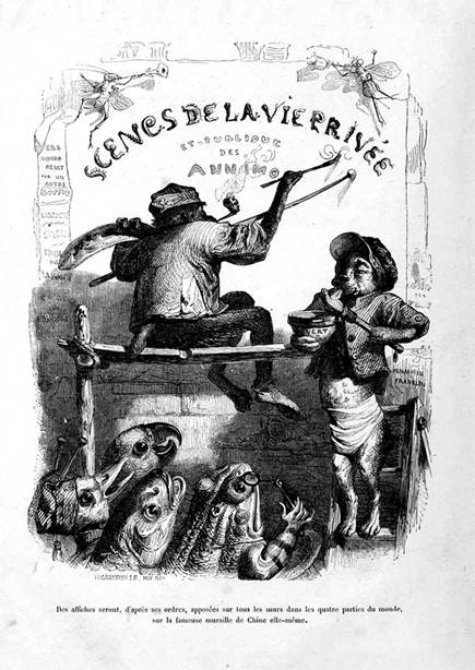 Grandville, "Scénes de la vie privée et publique des animaux" (París : J. Hetzel Éditeur, 1842). Portadilla litográfica. Tomada de https://archive.org/details/AE120/page/n6/mode/thumbs.