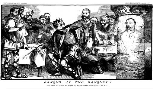 Matt Morgan, &ldquo;Banquo at the Banquet&rdquo;, The Tomahawk, 20 de julio de 1867: 4-5, Nineteenth-Century Serials Edition, https://ncse.ac.uk/periodicals/t/issues/ttw_20071867/page/4/articles/pc00401/.