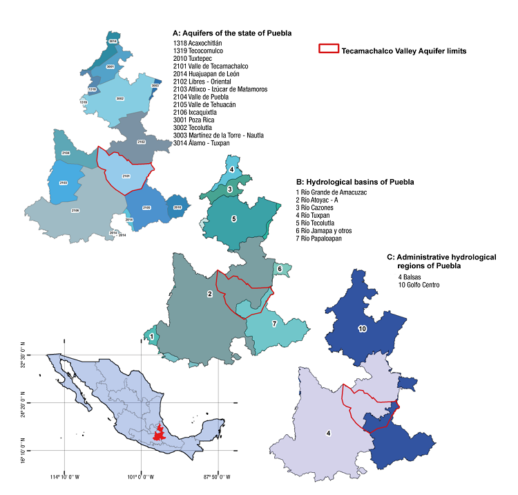 Location of the Tecamachalco Valley aquifer according to its hydrological condition. Source: Comisión Nacional para el Conocimiento y Uso de la Biodiversidad (2012) and GeoComunes (2015), with some modifications.