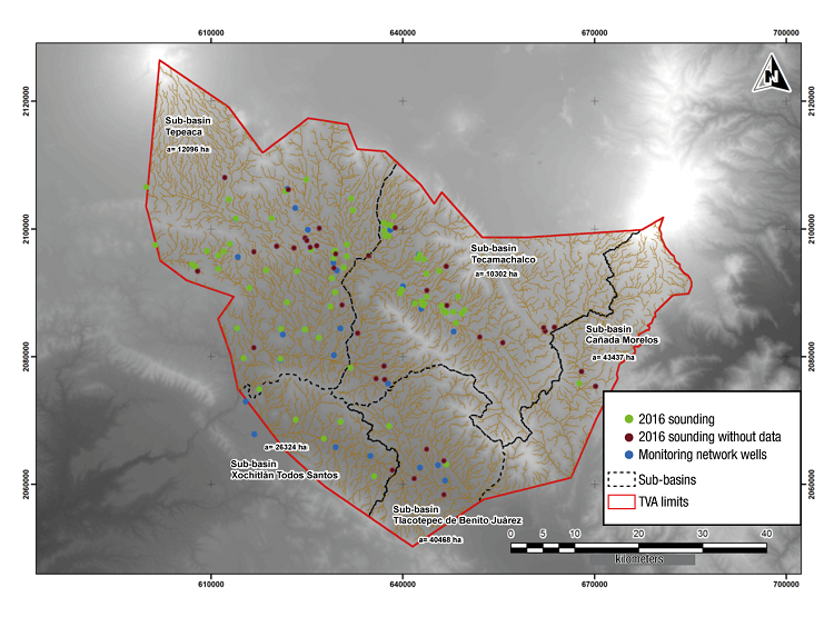 Spatial distribution of groundwater wells by sub-basin: includes the monitoring network and the field sounding conducted in 2016.