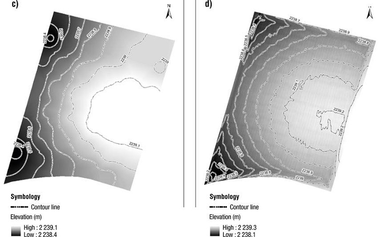 Digital elevation model: c) unmanned aerial vehicle (UAV) and d) continuous scanning using UAV.