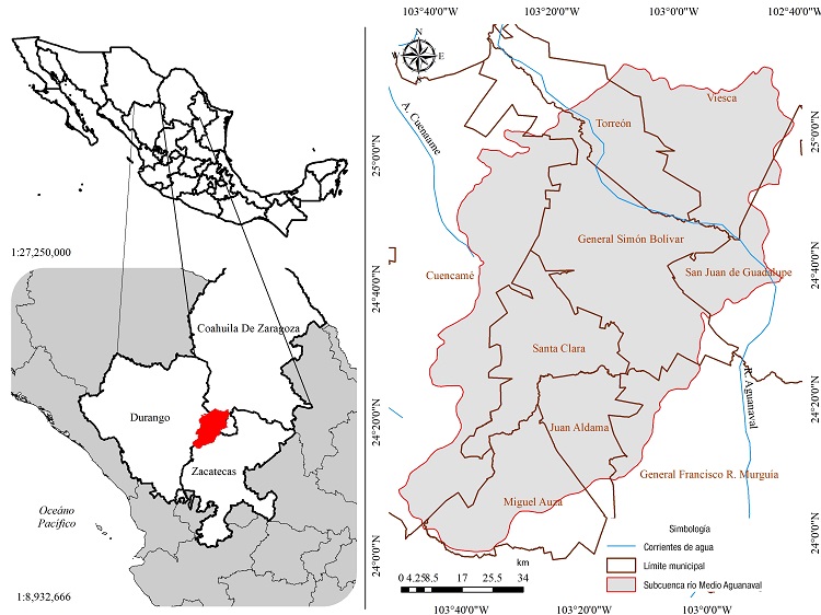 Study Unit: national, regional and sub-basin location of the Medio Aguanaval river.