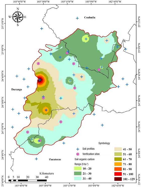 Soil organic carbon (SOC) in the Medio Aguanaval river sub-basin obtained using the Kriging interpolator.