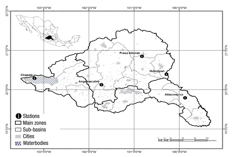 Lerma-Chapala basin and distribution of weather stations.