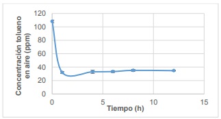 Detalle del comportamiento de la concentraci&oacute;n de tolueno vs tiempo (FeS2= 30 g)