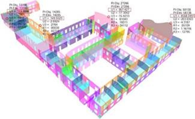 Distribución de desplazamientos con sismo en dirección X - Estructura en estado actual. (desplazamiento U1 en mm) SAP2000 v15.2.1