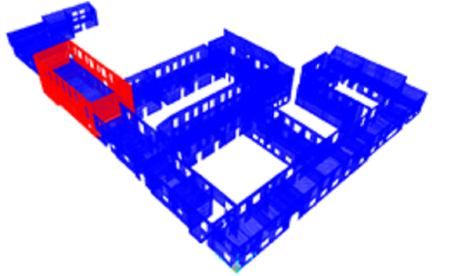 Distribución de materiales de los muros de adobe (azul) y ladrillo (rojo)