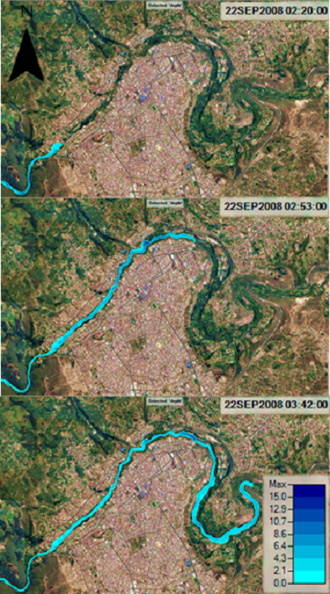 Mapa de calados del modelo de inundaci&oacute;n por rotura de la presa Mulacorral