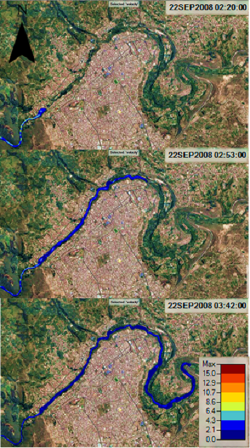 Mapa de velocidades del modelo de inundaci&oacute;n por rotura de la presa Mulacorral