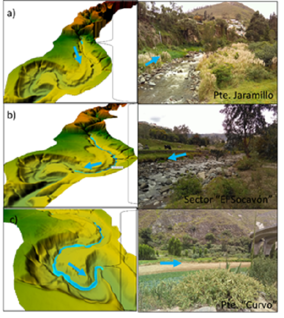 a) Entrada de la ciudad de Ambato Pte. Jaramillo tiempo de llegada de la avenida 2 horas 20 minutos, b) Sector &ldquo;El Socav&oacute;n&rdquo; tiempo de llegada de la avenida 2 horas 53 minutos, c) Periferia de la ciudad de Ambato Pte. &ldquo;Curvo&rdquo; tiempo de llegada 3 horas con 42 minutos