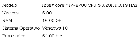 Caracter&iacute;sticas del computador utilizado en la modelaci&oacute;n