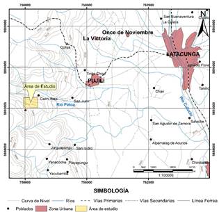 Esquema topogr&aacute;fico de las estribaciones orientales bajas de la cordillera Occidental y la zona occidental del Valle Interandino, incluyendo la localizaci&oacute;n del &aacute;rea de estudio, ubicada a unos 7 Km. al sur-oeste de Pujil&iacute;