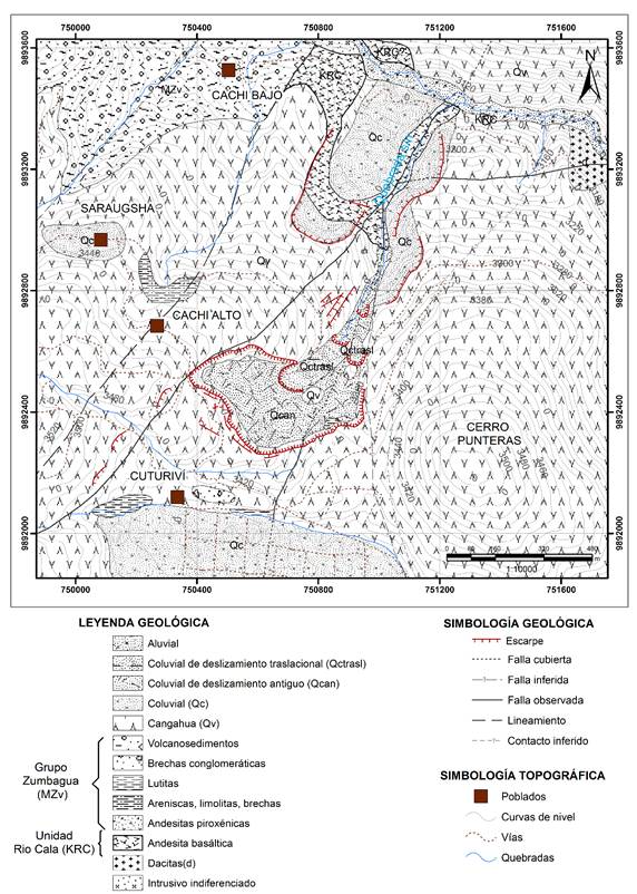 Esquema geol&oacute;gico-estructural de la zona de Cachi Alto y su &aacute;rea de influencia, incluyendo escarpes asociados a los deslizamientos principales (Modificado de Burga, 2019)