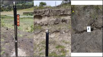 Extens&oacute;metro artesanal occidental, a la izquierda Tubo fijo, en el centro Tubo m&oacute;vil con escarpe antiguo y grieta reciente. La imagen de la derecha incluyendo escala gr&aacute;fica muestra la grieta de rumbo NE-SW