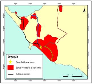 Rutas óptimas para alcanzar los derrames de zonas proclives.