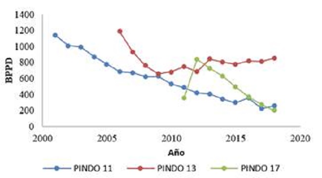 Promedio de producci&oacute;n de los pozos Pindo (Fuente: Consorcio Petrosud Petroriva, 2018-d)