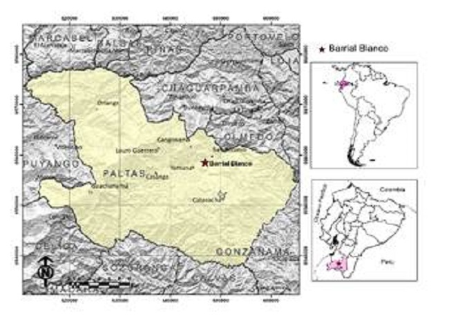 Mapa de ubicaci&oacute;n del sitio Barrial Blanco en el cant&oacute;n Paltas, parroquia Yamana al sur del Ecuador.