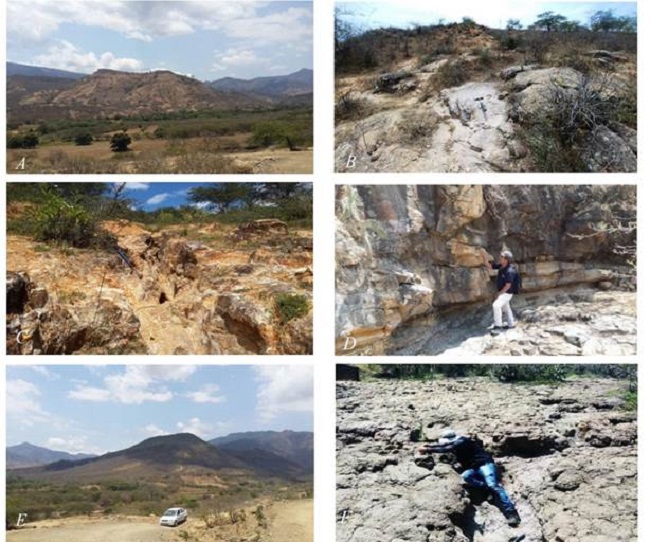 Mosaico de afloramientos: A. Frente de Cuesta norte, B, C. afloramientos de tobas de cristales meteorizadas blanquecinas y amarillas, D. Contacto entre Tobas de cristales y tobas l&iacute;ticas en la base. E. Frente de Cuesta Sur, F. Afloramiento de tobas l&iacute;ticas en Sacapianga.