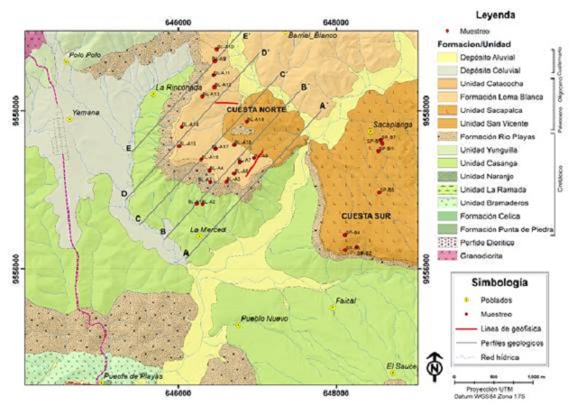 Mapa Geol&oacute;gico elaborado por los autores tomando como referencia la Hoja 39 edici&oacute;n 3, 2017 del INIGEMM.