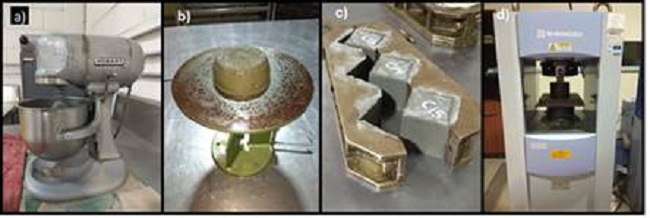 a) Preparaci&oacute;n de la mezcla para morteros. b) Ensayo de fluidez. c) Desencofrado de morteros. d) Resistencia a la compresi&oacute;n simple de morteros.