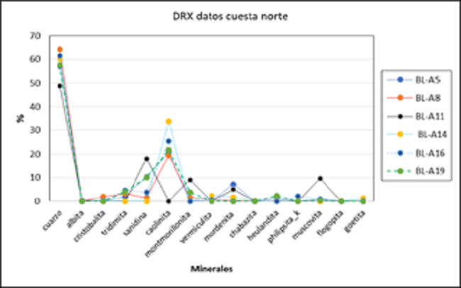 La presencia de cuarzo generalmente es mayor al 50% que evidencian un ambiente volc&aacute;nico &aacute;cido en la zona.