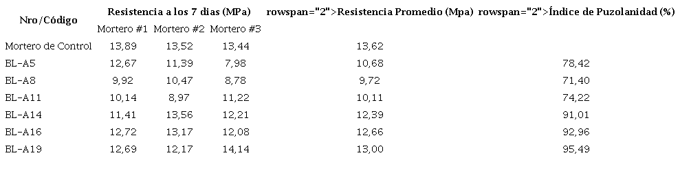 Resultados del &iacute;ndice de actividad puzol&aacute;nica.
