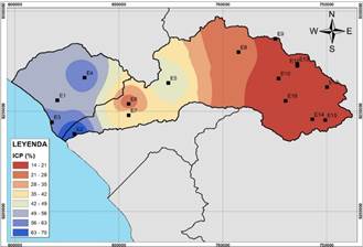 Mapa de la distribuci&oacute;n de la concentraci&oacute;n de precipitaciones mediante el &iacute;ndice ICP para la cuenca Chancay-Lambayeque