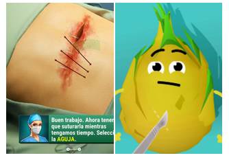 Derecha, detalle de Operate Now: Hospital (Gamaga, Azerion, Game Factory, 2016). Izquierda, detalle de Fruit Clinic (Lion Studios, Game Guru, 2020). Ambos descargables desde PlayStore para Android.