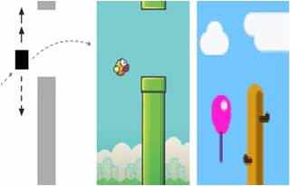 Arriba, mecánica, elementos del juego y narrativa alternativa basada en Flappy Bird (Nguyen, Gears Studios, 2013).
