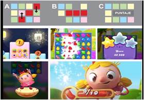 Arriba, la mecánica de Candy Crush. Abajo, algunas de sus imágenes. Derecha, abajo: imagen de uno de los cortos animados 3D que promociona la versión Candy Crush Friends Saga, lanzada en 2018.