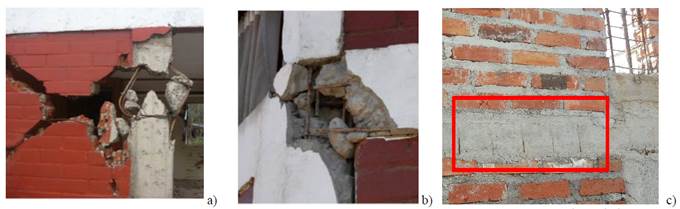 Fallas por mal detallado del refuerzo: a) Falla por cortante y pandeo del refuerzo longitudinal debido a separaci&oacute;n de estribos excesiva en los extremos de la columna de confinamiento; b) falla por discontinuidad de refuerzo longitudinal (Tomado de Brzev et al., 2010), y c) exposici&oacute;n del refuerzo debido a recubrimiento inadecuado en una edificaci&oacute;n en Cuenca.