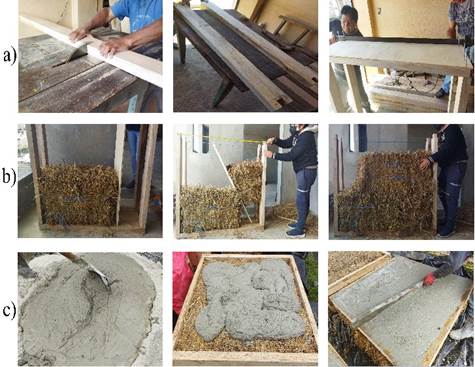 Proceso constructivo de paneles: a) ensamblaje de molduras, b) colocaci�n de pacas, c) vertido del mortero de revestimiento